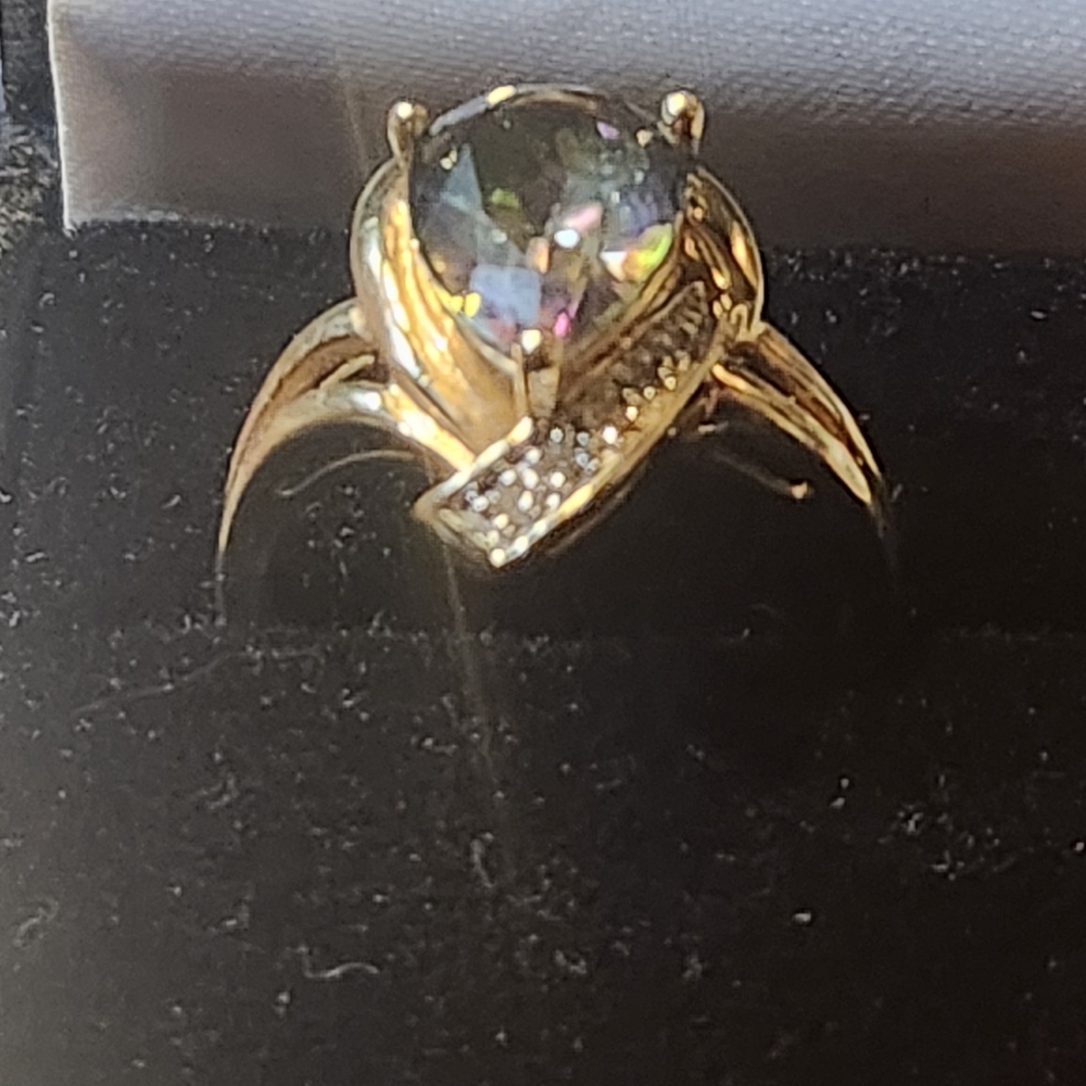 10kt..Gold Large  Mystic Topaz Ring With Diamond Accents - Picture 2 of 15